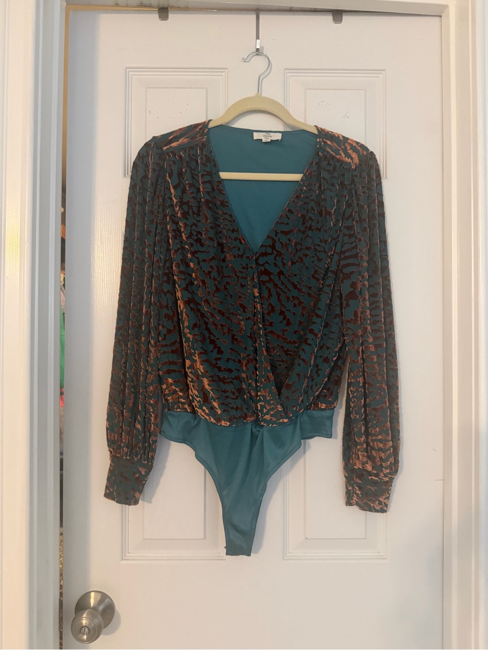 entro Teal and Copper Metallic Animal-Print Wrap Bodysuit